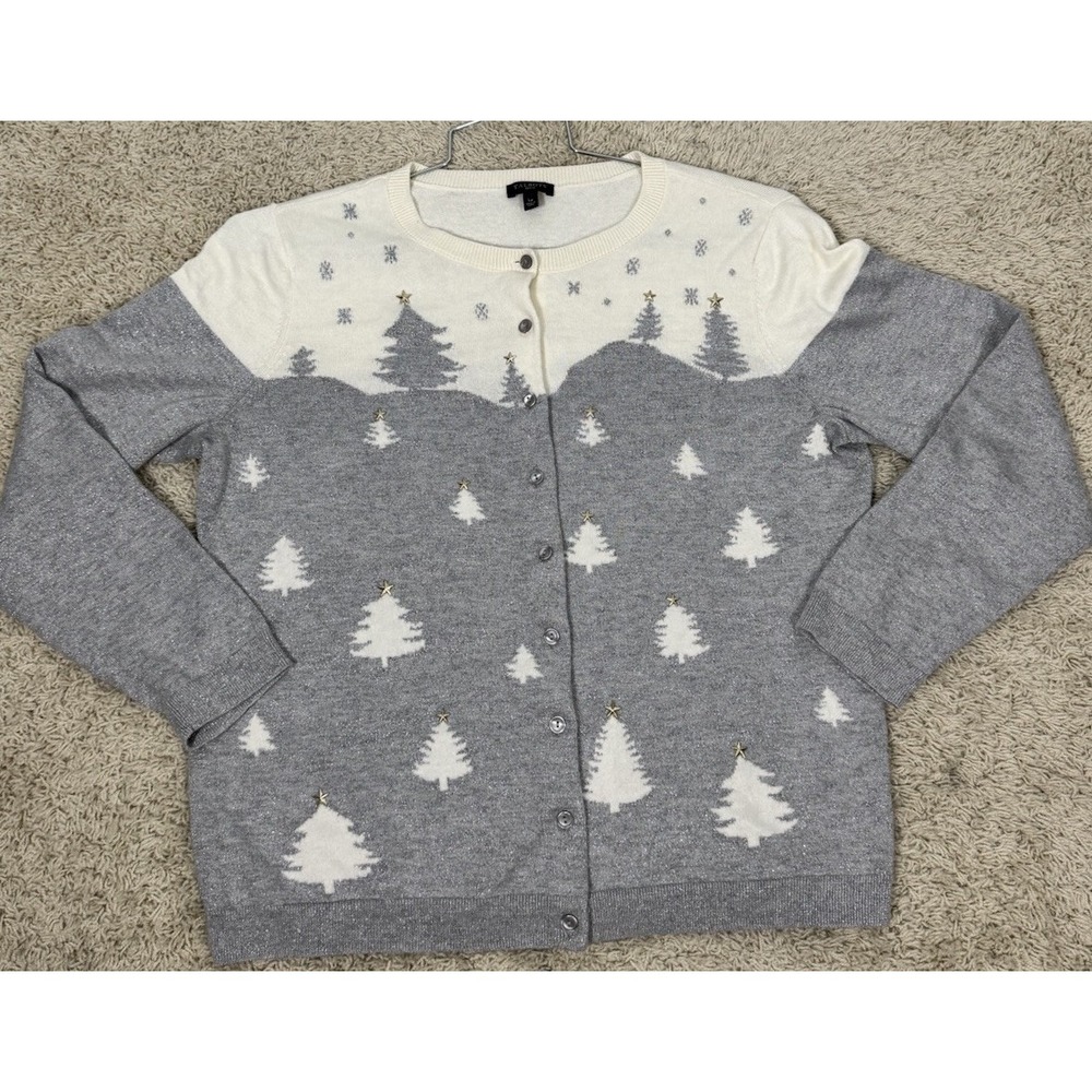 Talbots Thin Knit Christmas Cardigan Sweater Cotton Cashmere Blend Size PL Ivory